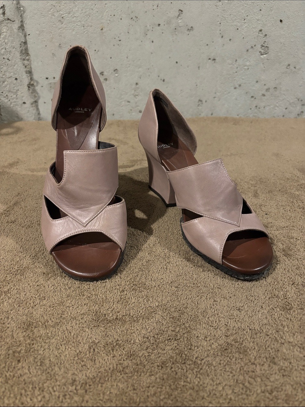 Audley Taupe Leather Open-Toe Block Heels - Size 37.5 Euro